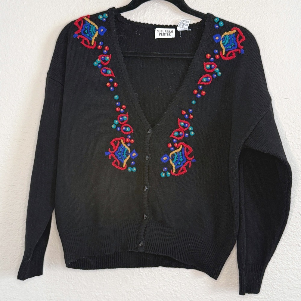 Vintage 80s Boho Artsy Cottage Black Paisley Embroidered Cardigan Large Petite